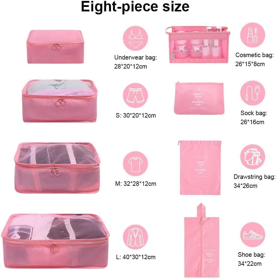 8-Piece Lightweight Water Resistant Travel Organizer for Bags, Pink