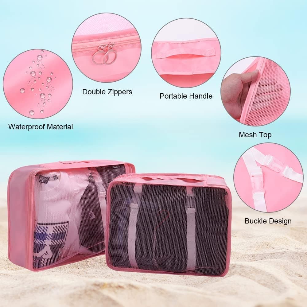 8-Piece Lightweight Water Resistant Travel Organizer for Bags, Pink