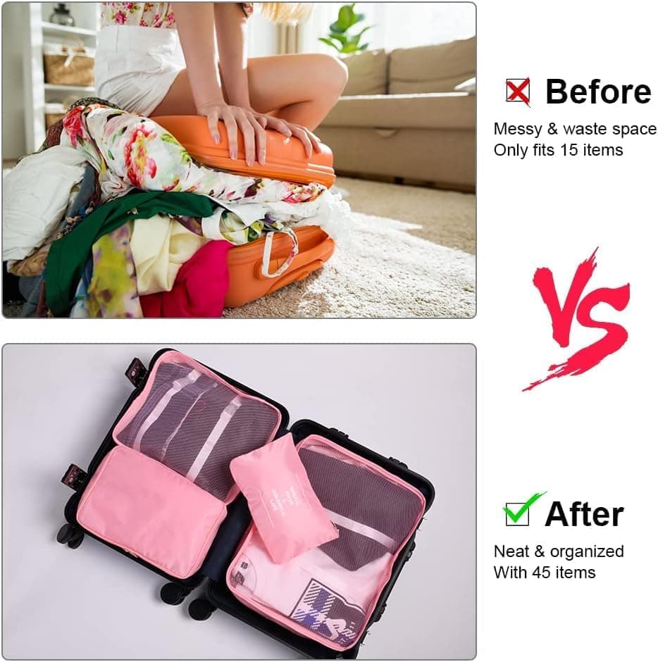 8-Piece Lightweight Water Resistant Travel Organizer for Bags, Pink