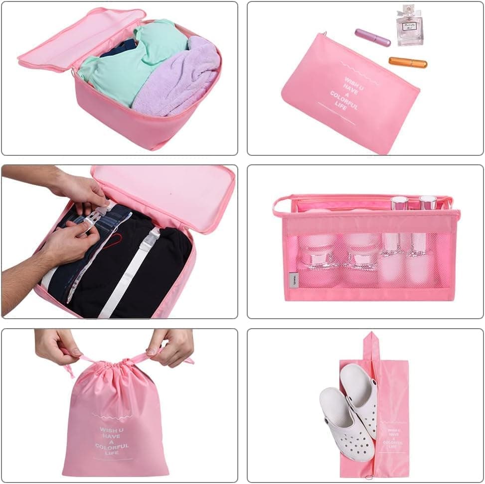 8-Piece Lightweight Water Resistant Travel Organizer for Bags, Pink
