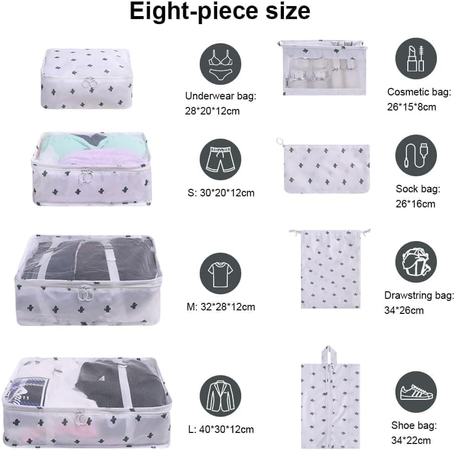 8-Piece Travel Organizer for Bags, Water Resistant Lightweight, White