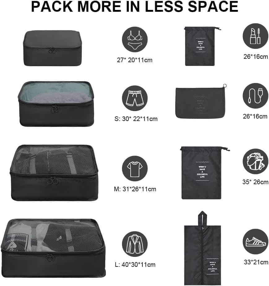 8-Piece Water Resistant Lightweight Travel Organizer for Bags, Black