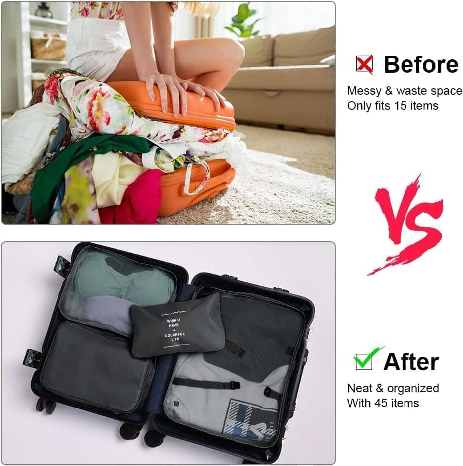 8-Piece Water Resistant Lightweight Travel Organizer for Bags, Black