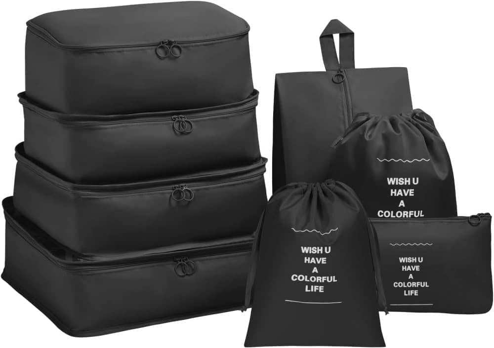 8-Piece Water Resistant Lightweight Travel Organizer for Bags, Black