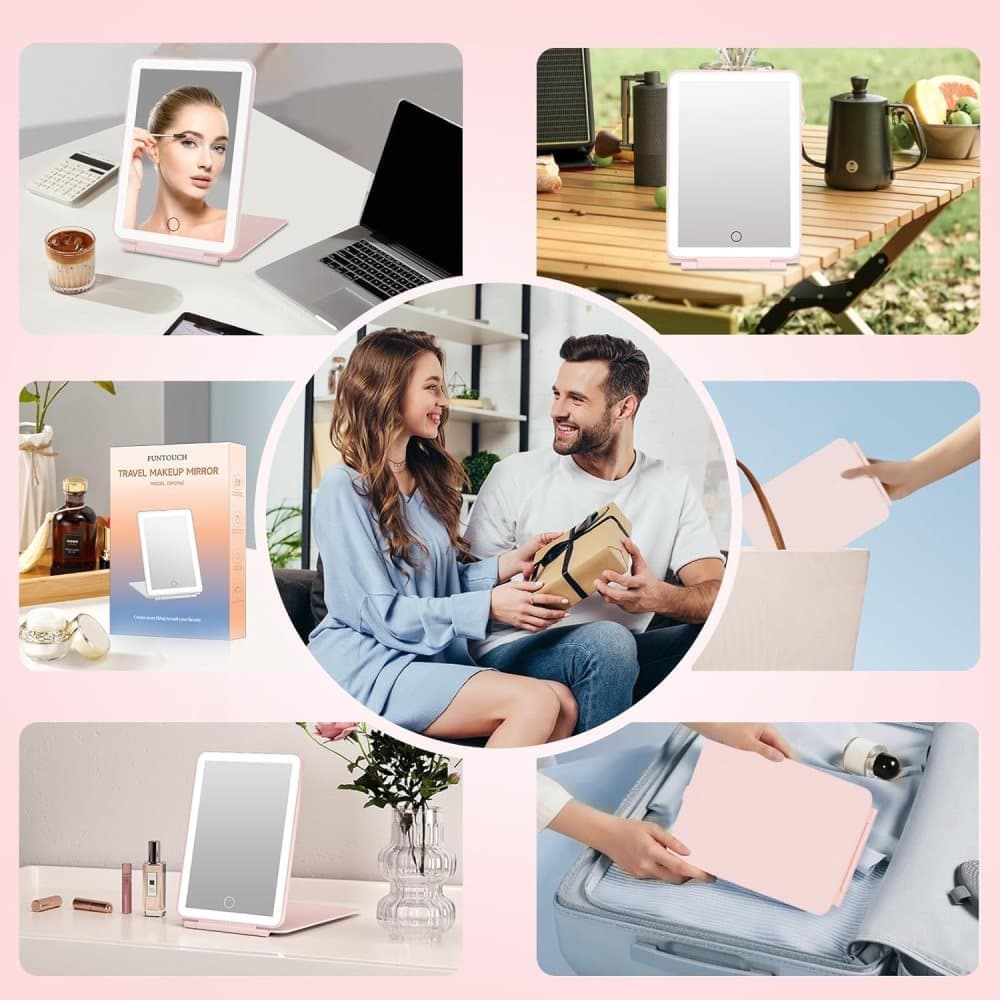 Rechargeable Portable Foldable Makeup Mirror with 3 Color Modes Adjustable Lighting