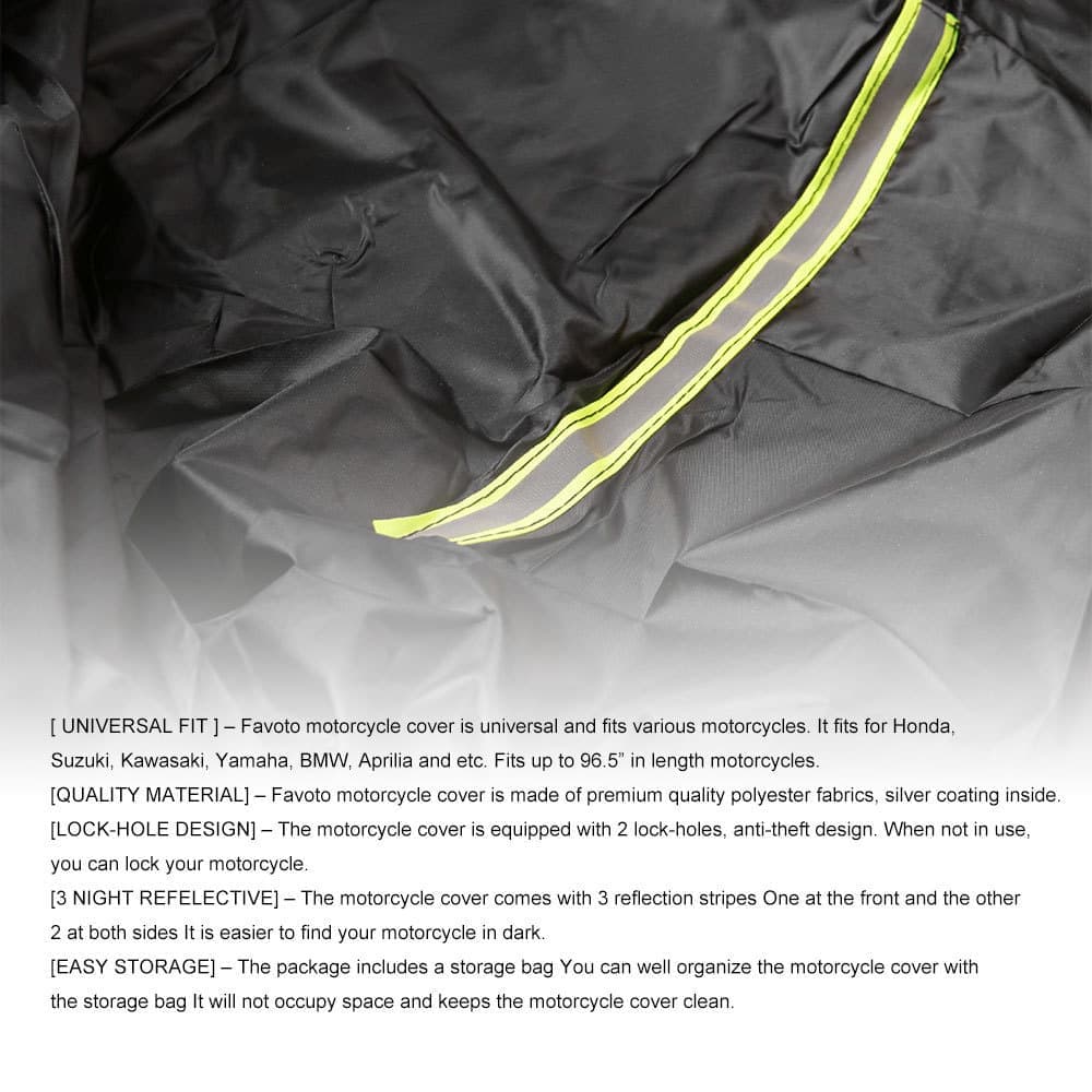 1x Waterproof Motorcycle and Moped Cover with Reflective Strips, Rain UV Dust Resistant Black, 245x105x125cm