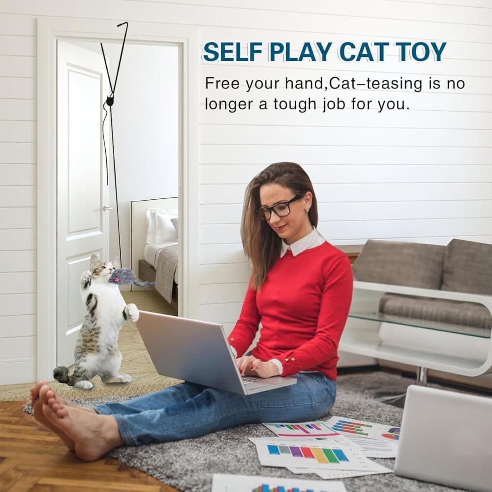 Cat Toy with Mouse and Feather, Hanging Door Toy for Indoor Cats, Stimulating Play