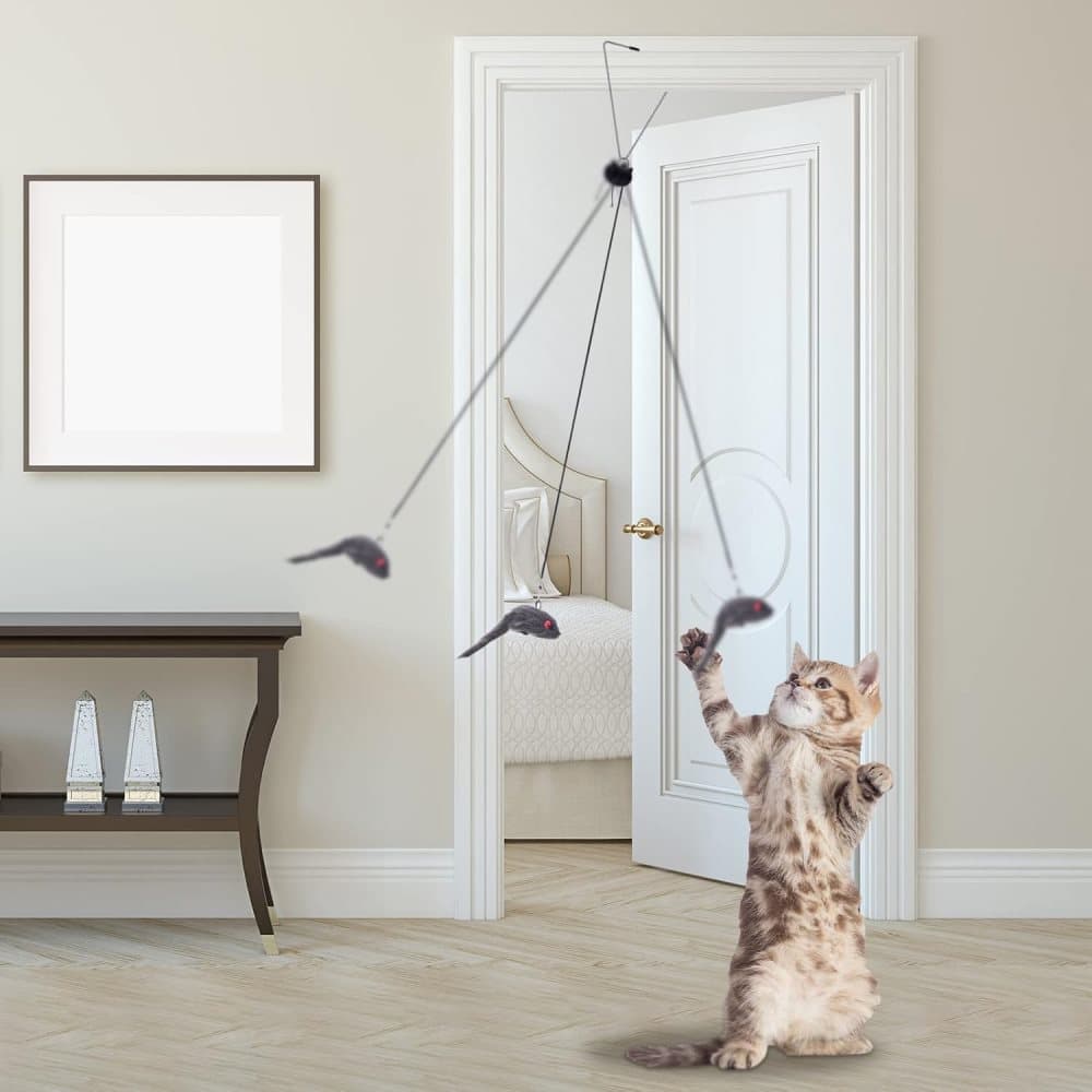 Cat Toy with Mouse and Feather, Hanging Door Toy for Indoor Cats, Stimulating Play
