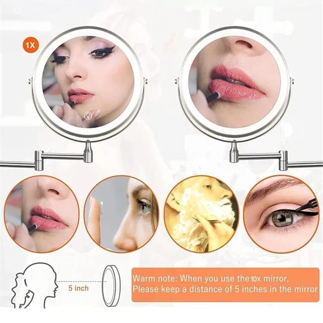 8 Inch Wall Mounted Makeup Mirror with Lights, 3x/10x Magnification, Dimmable 3 Light Modes, 360° Rotatable Double-Sided Mirror, Black