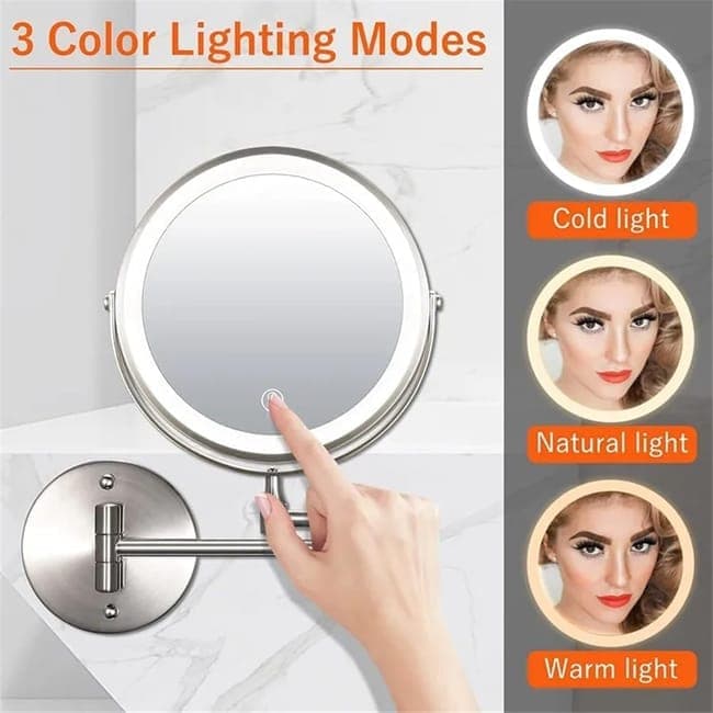 8 Inch Wall Mounted Makeup Mirror with Lights, 3x/10x Magnification, Dimmable 3 Light Modes, 360° Rotatable Double-Sided Mirror, Silver