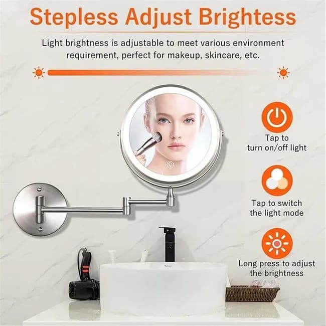 8 Inch Wall Mounted Makeup Mirror with Lights, 3x/10x Magnification, Dimmable 3 Light Modes, 360° Rotatable Double-Sided Mirror, Silver