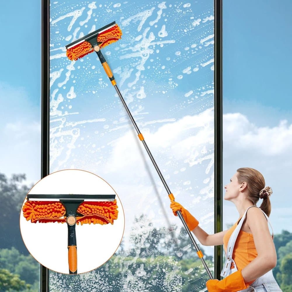 2-in-1 Window Squeegee with Telescopic Handle, 4.5m, Orange - Effective Cleaning for High Windows Cars Showers Indoors Outdoors