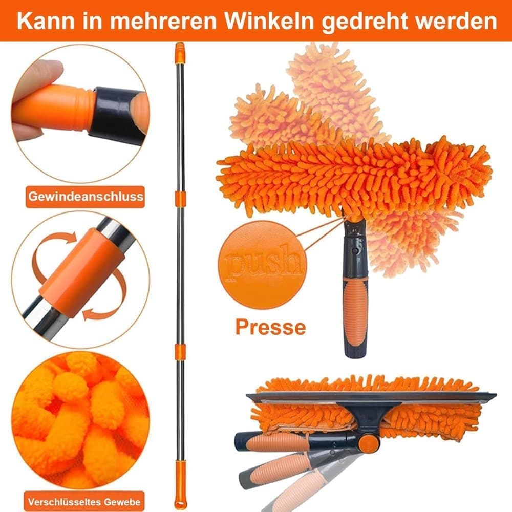 2-in-1 Window Squeegee with Telescopic Handle, 4.5m, Orange - Effective Cleaning for High Windows Cars Showers Indoors Outdoors