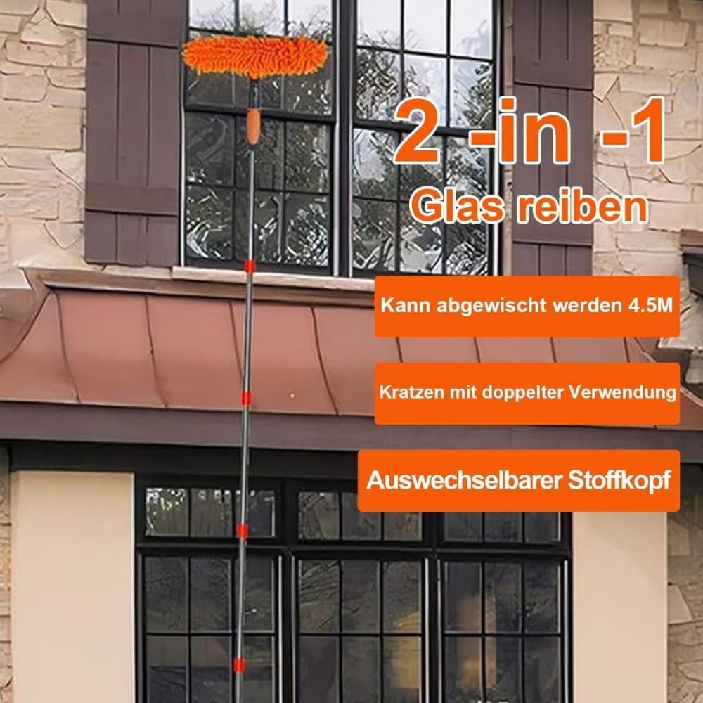 2-in-1 Window Squeegee with Telescopic Handle, 4.5m, Orange - Effective Cleaning for High Windows Cars Showers Indoors Outdoors
