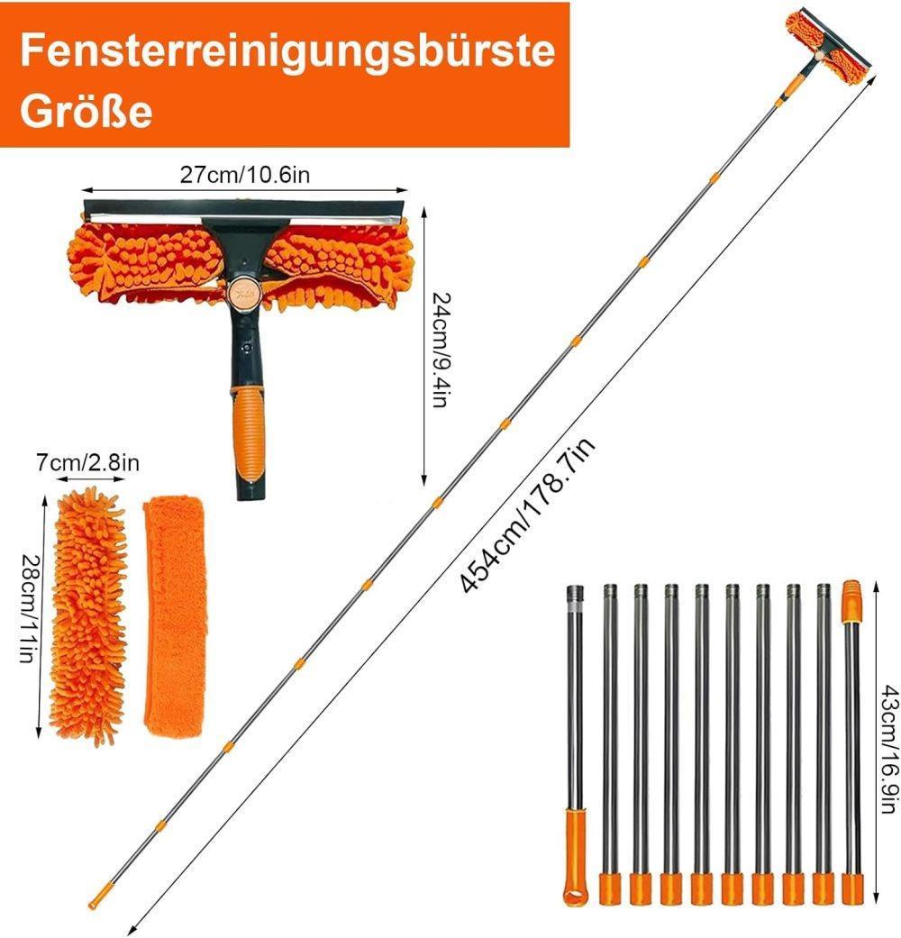 2-in-1 Window Squeegee with Telescopic Handle, 4.5m, Orange - Effective Cleaning for High Windows Cars Showers Indoors Outdoors