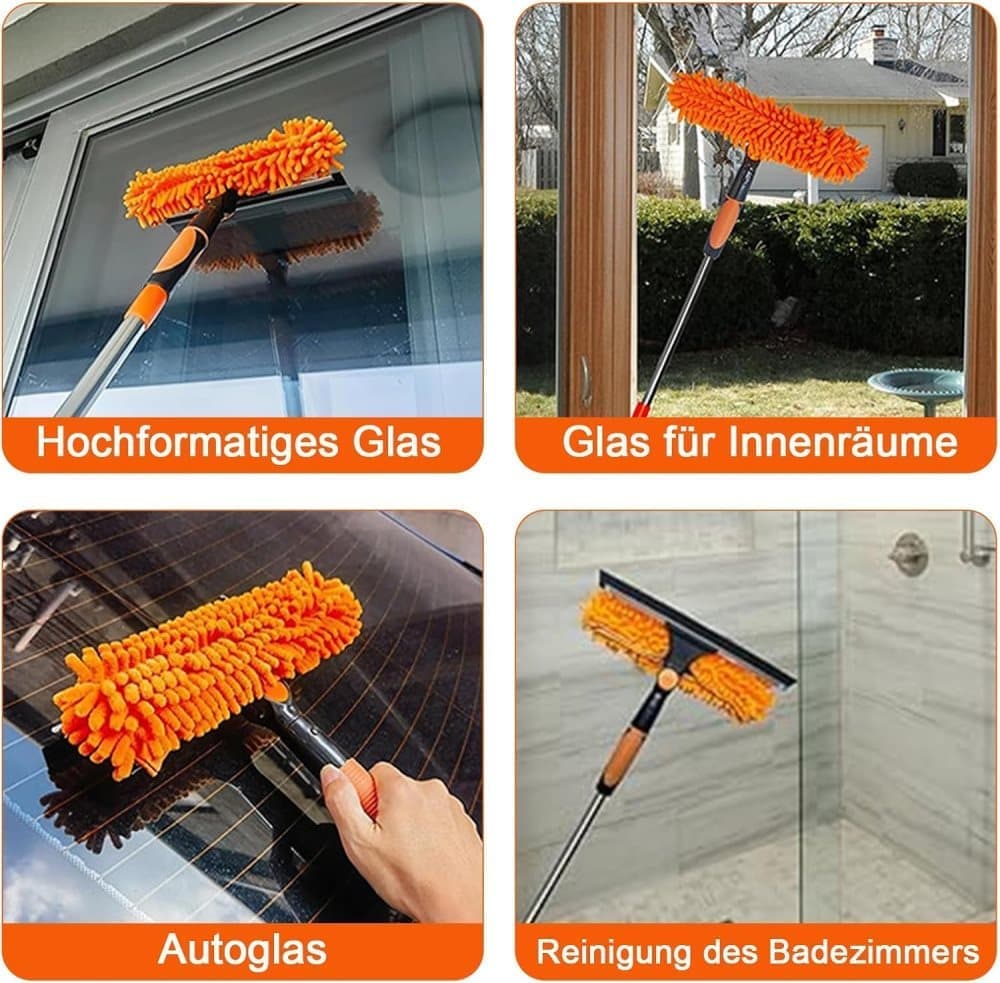 2-in-1 Window Squeegee with Telescopic Handle, 4.5m, Blue - Effective Cleaning for High Windows Cars Showers Indoors Outdoors