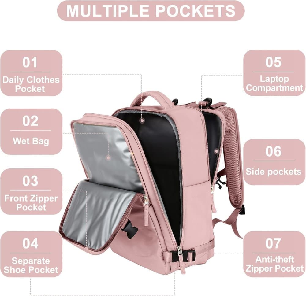 40L Travel Backpack Cabin Bag, Dry Wet Sorting, with Luggage Strap, 42 x 30 x 20 cm, Beige