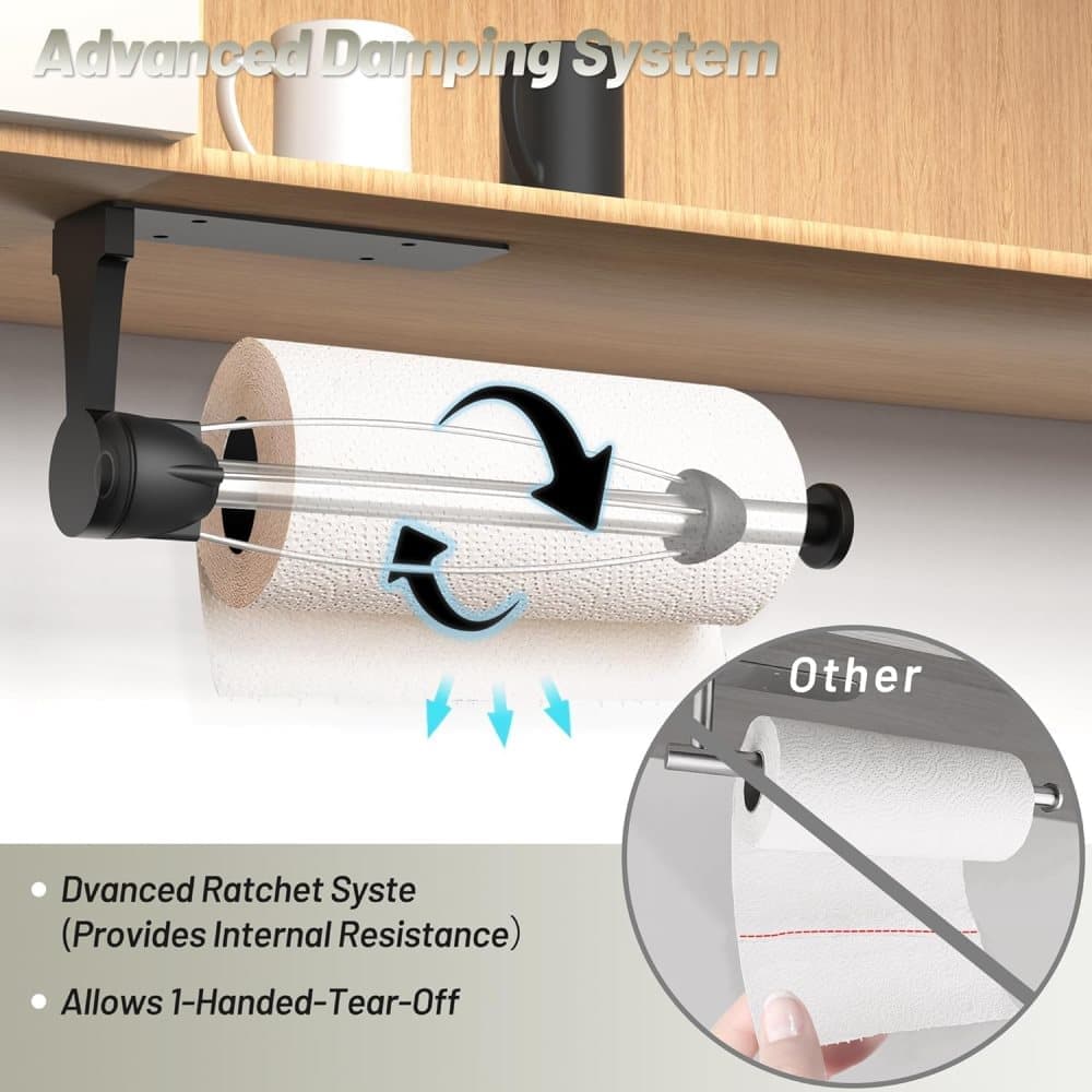 Kitchen paper holder with damping effect, no-drill or adhesive mount option, for kitchen