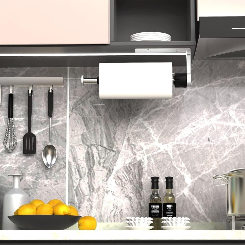 Kitchen paper holder with damping effect, no-drill or adhesive mount option, for kitchen