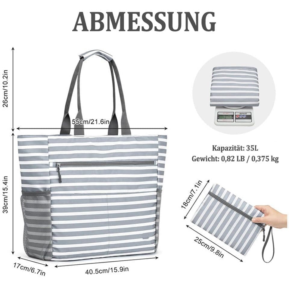 Large Capacity Waterproof Foldable Beach Bag for Shopping and Vacation, Gray, Multifunctional Shoulder Bag