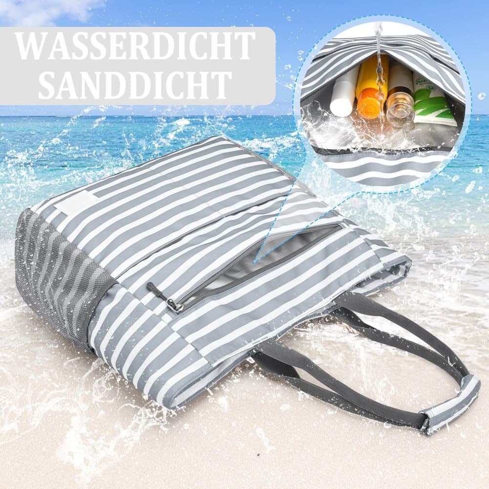 Large Capacity Waterproof Foldable Beach Bag for Shopping and Vacation, Gray, Multifunctional Shoulder Bag
