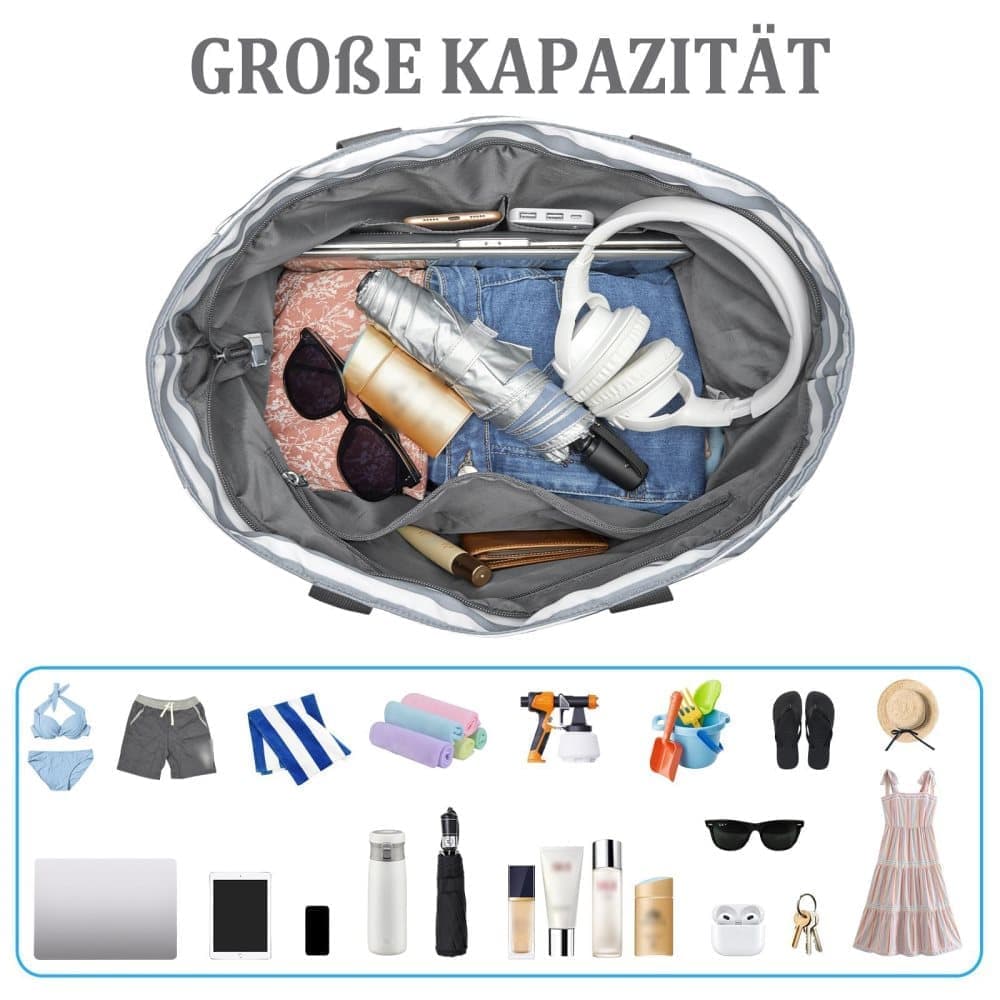 Large Capacity Waterproof Foldable Beach Bag for Shopping and Vacation, Gray, Multifunctional Shoulder Bag
