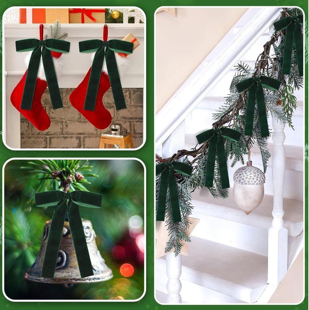 12 Christmas Bows Velvet Tree Decorations in Dark Green