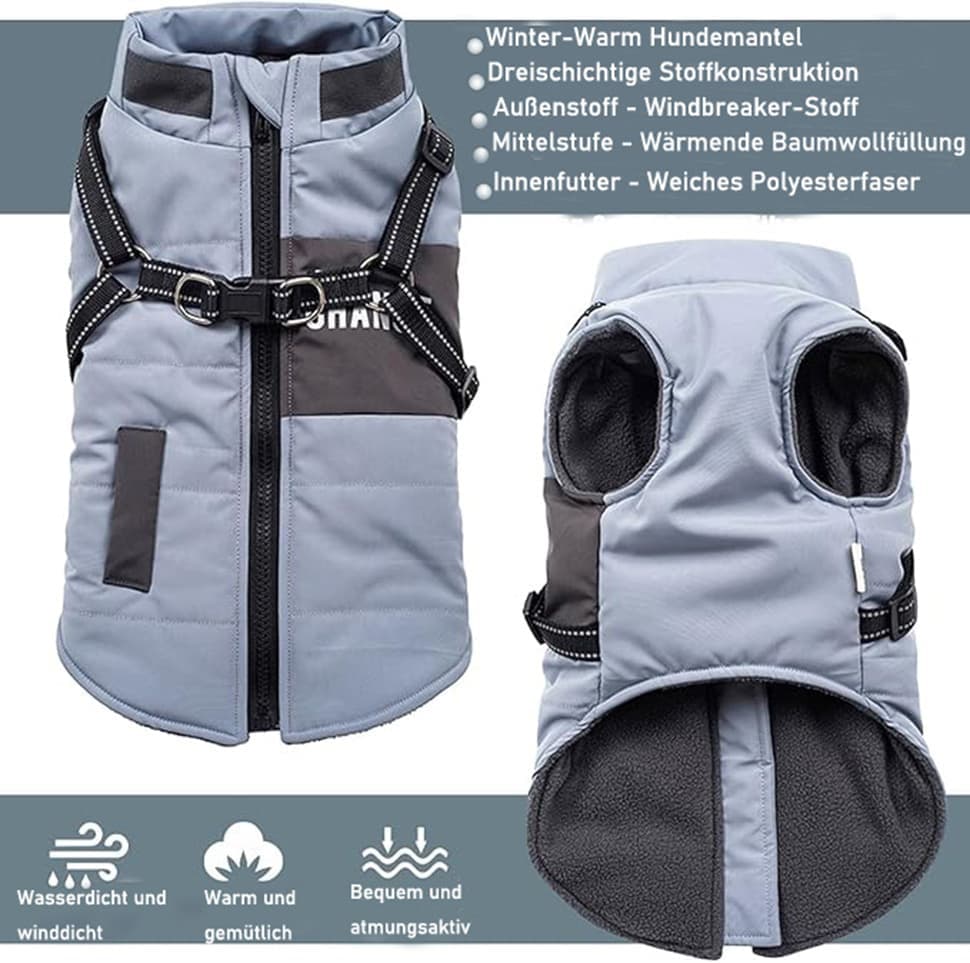 Warm Soft Winter Dog Vest with Stand Collar, Wind and Waterproof, Multiple Colors, Blue, S M L XL