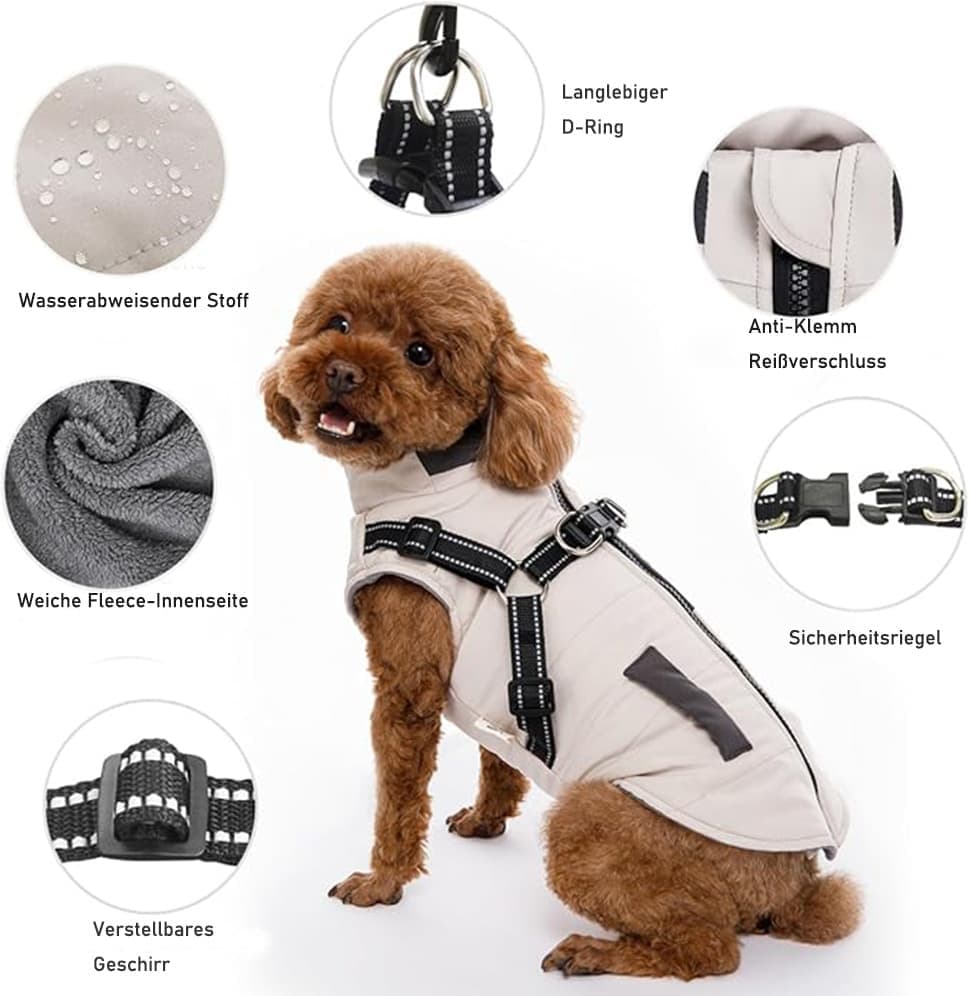 1 Warm Soft Winter Dog Vest with Stand Collar, Wind and Waterproof, Multiple Colors, S M L XL, Beige