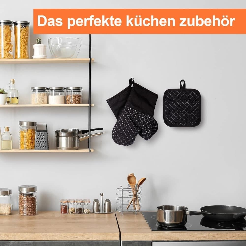 Heat Resistant Oven Mitts & Grill Gloves Anti-Slip Kitchen Potholders, Black, up to 300°C, Compatible with Cooking and Baking