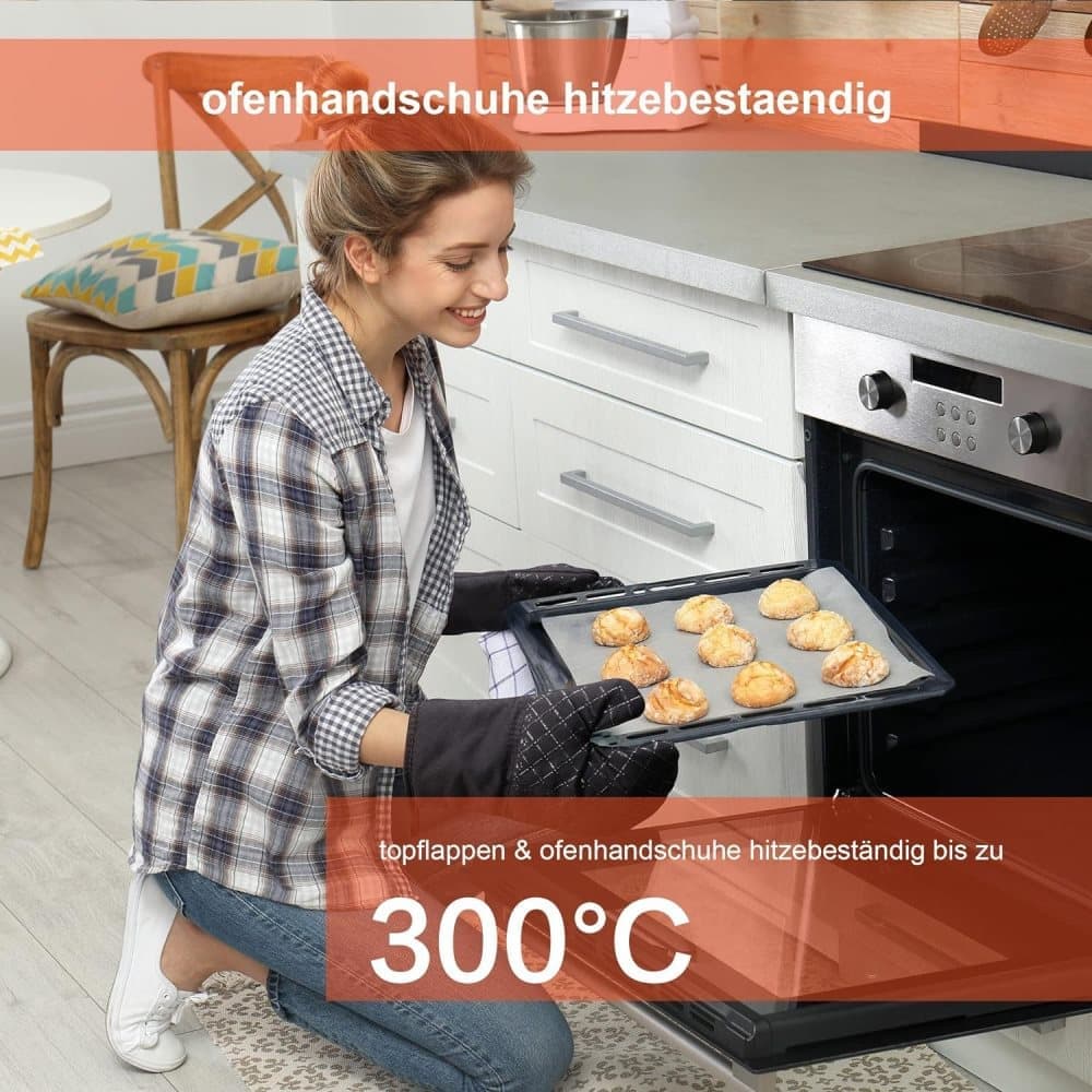 Heat-resistant oven mitts and grill gloves with anti-slip, kitchen potholders up to 300°C, red