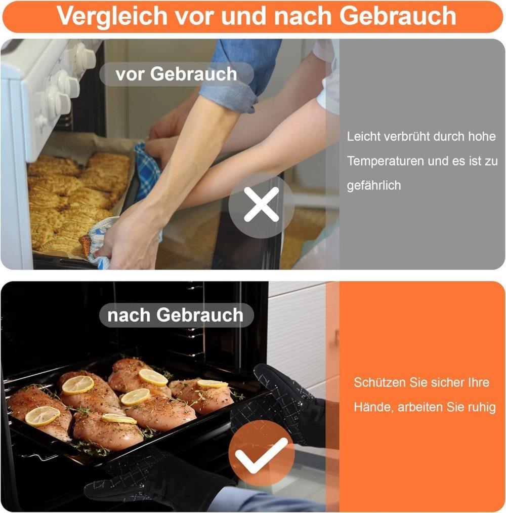 Heat-resistant oven mitts and grill gloves with anti-slip, kitchen potholders up to 300°C, red