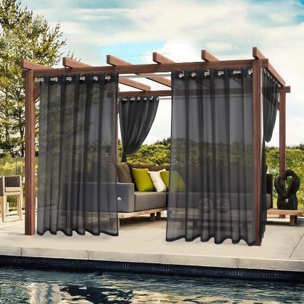 1 Pair Water Resistant Sheer Eyelet Curtains for Outdoor, 132x241 cm, Black