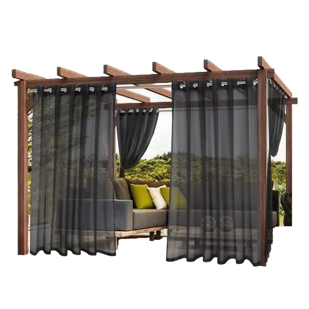 1 Pair Water Resistant Sheer Eyelet Curtains for Outdoor, 132 cm × 183 cm, Black