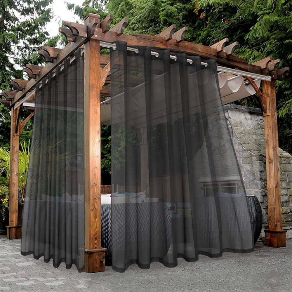 1 Pair Water Resistant Sheer Eyelet Curtains for Outdoor, 132 cm × 183 cm, Black