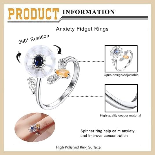 6 pcs Rotatable Antistress Fidget Spinner Rings, Silver
