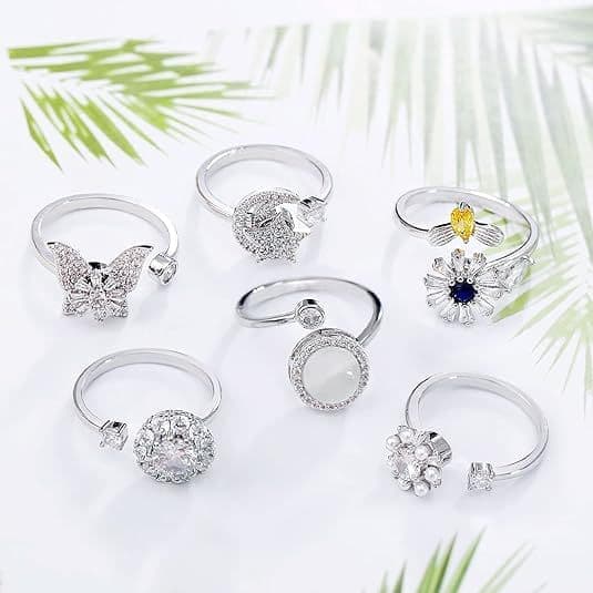 6 pcs Rotatable Antistress Fidget Spinner Rings, Silver