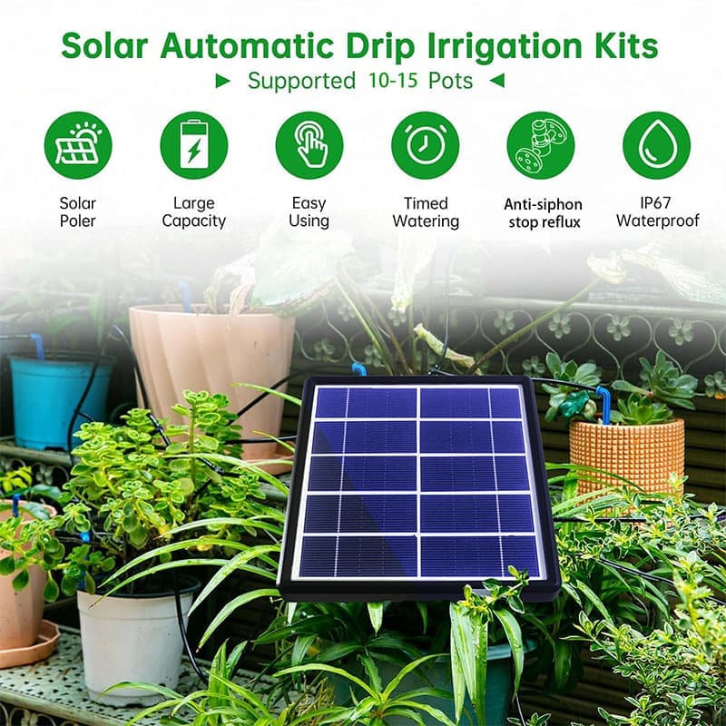 15m Solar Irrigation System with Timer, Automatic Drip Kit, Anti-Siphon, for Garden Greenhouse Vegetables