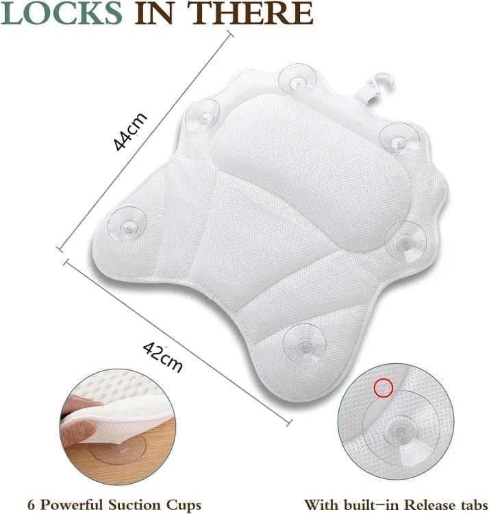 Ergonomic Bathtub Pillow with 6 Strong Suction Cups, Support for Head Neck Shoulders & Back, 4D Design, White