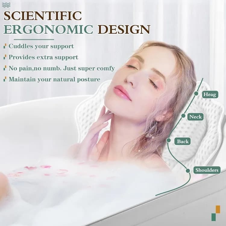 Ergonomic Bathtub Pillow with 6 Strong Suction Cups, Support for Head Neck Shoulders & Back, 4D Design, White