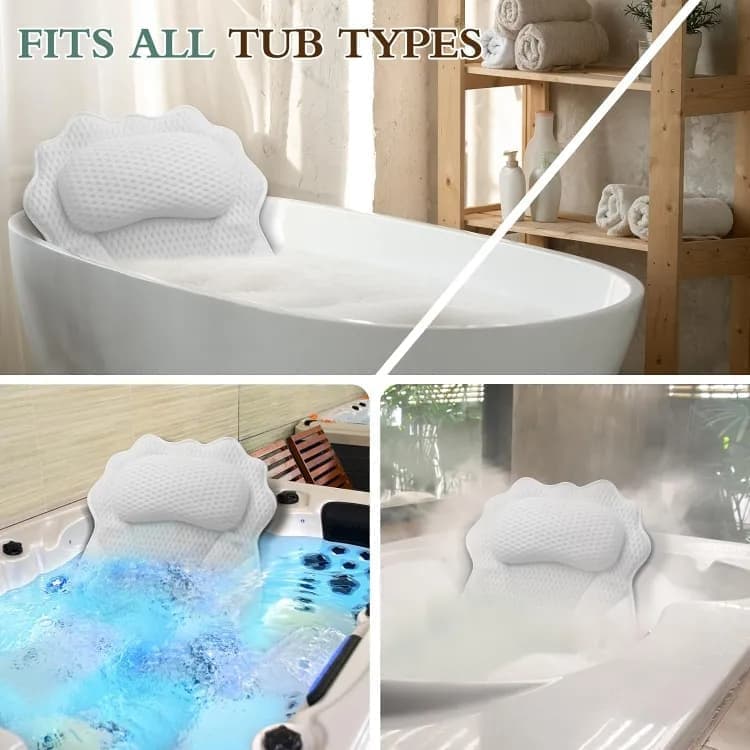 Ergonomic Bathtub Pillow with 6 Strong Suction Cups, Support for Head Neck Shoulders & Back, 4D Design, White