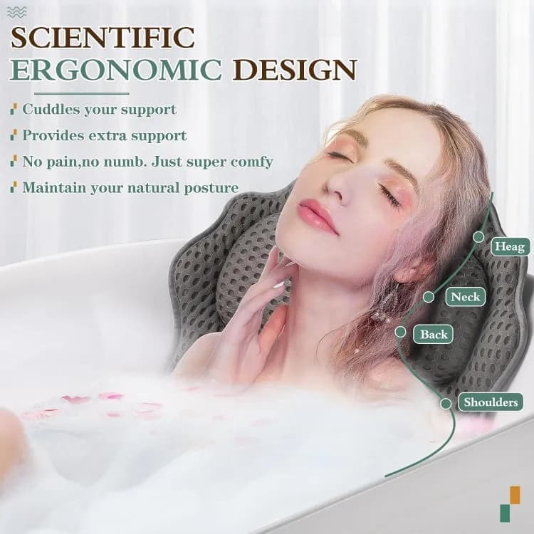 6-Pack Ergonomic Bathtub Pillow with 6 Strong Suction Cups, Support for Head Neck Shoulders & Back, 4D Design, Gray