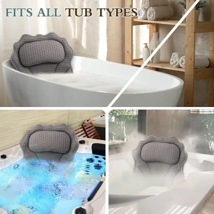6-Pack Ergonomic Bathtub Pillow with 6 Strong Suction Cups, Support for Head Neck Shoulders & Back, 4D Design, Gray