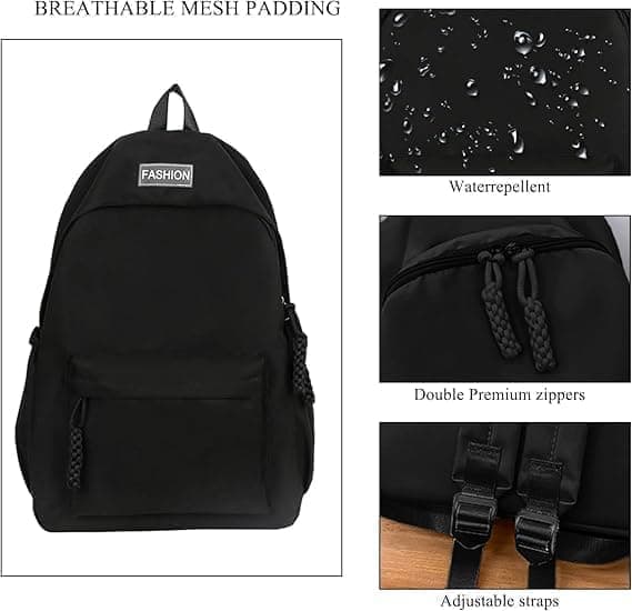 Waterproof School Backpack for Travel, Unisex Solid Color, Black