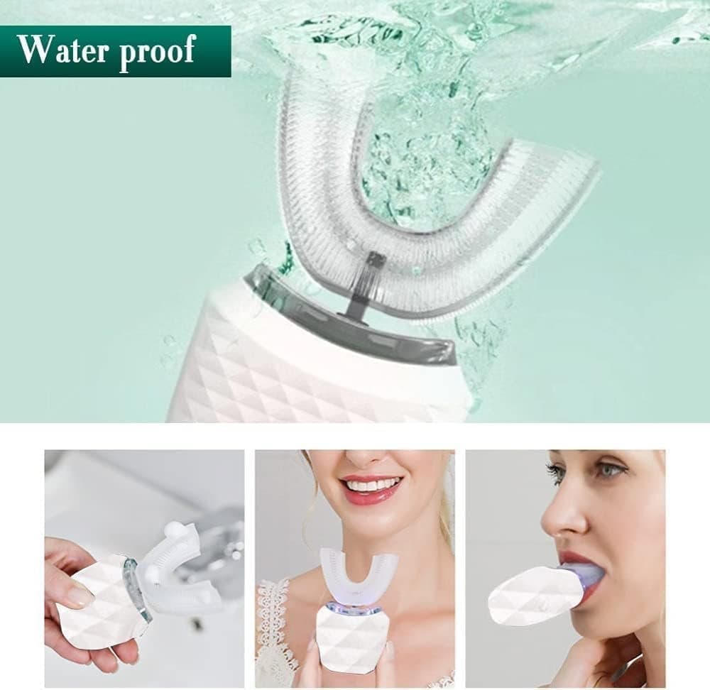 360° U-Shaped Electric Toothbrush, 3 Cleaning Modes, IPX7 Waterproof, Automatic Ultrasonic Tooth Cleaner, Compatible with Oral-B, White