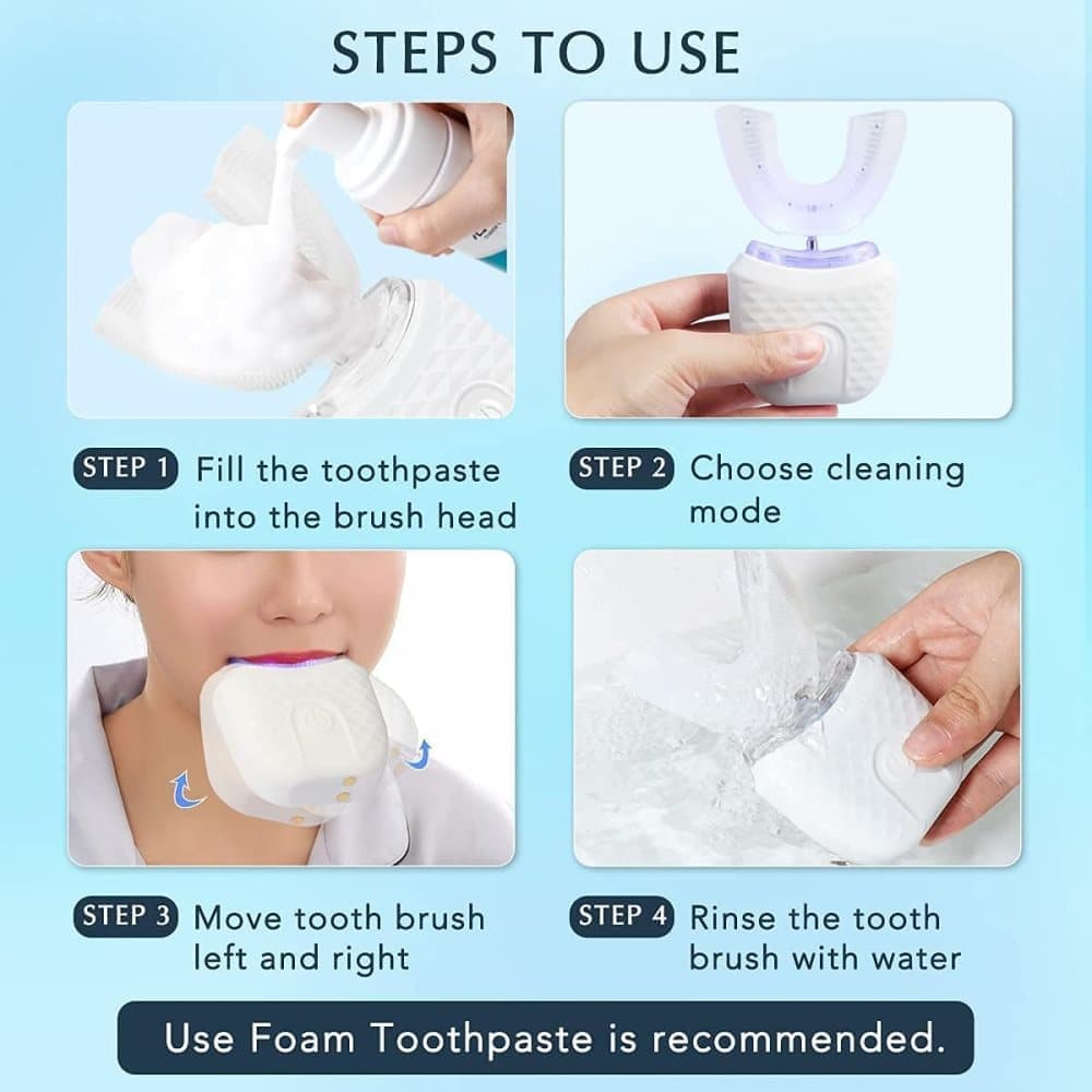 360° U-Shaped Electric Toothbrush with 3 Cleaning Modes, IPX7 Waterproof, Automatic Ultrasonic Tooth Cleaner, Compatible with Oral-B, Pink