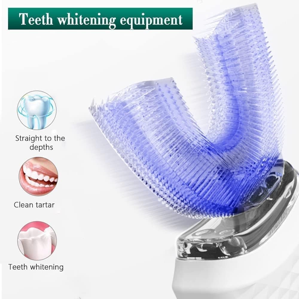 360° U-Shaped Electric Toothbrush with 3 Cleaning Modes, IPX7 Waterproof, Automatic Ultrasonic Tooth Cleaner, Compatible with Oral-B, Blue