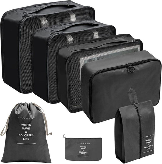 7-Piece Black Suitcase Organizer for Travel Bags