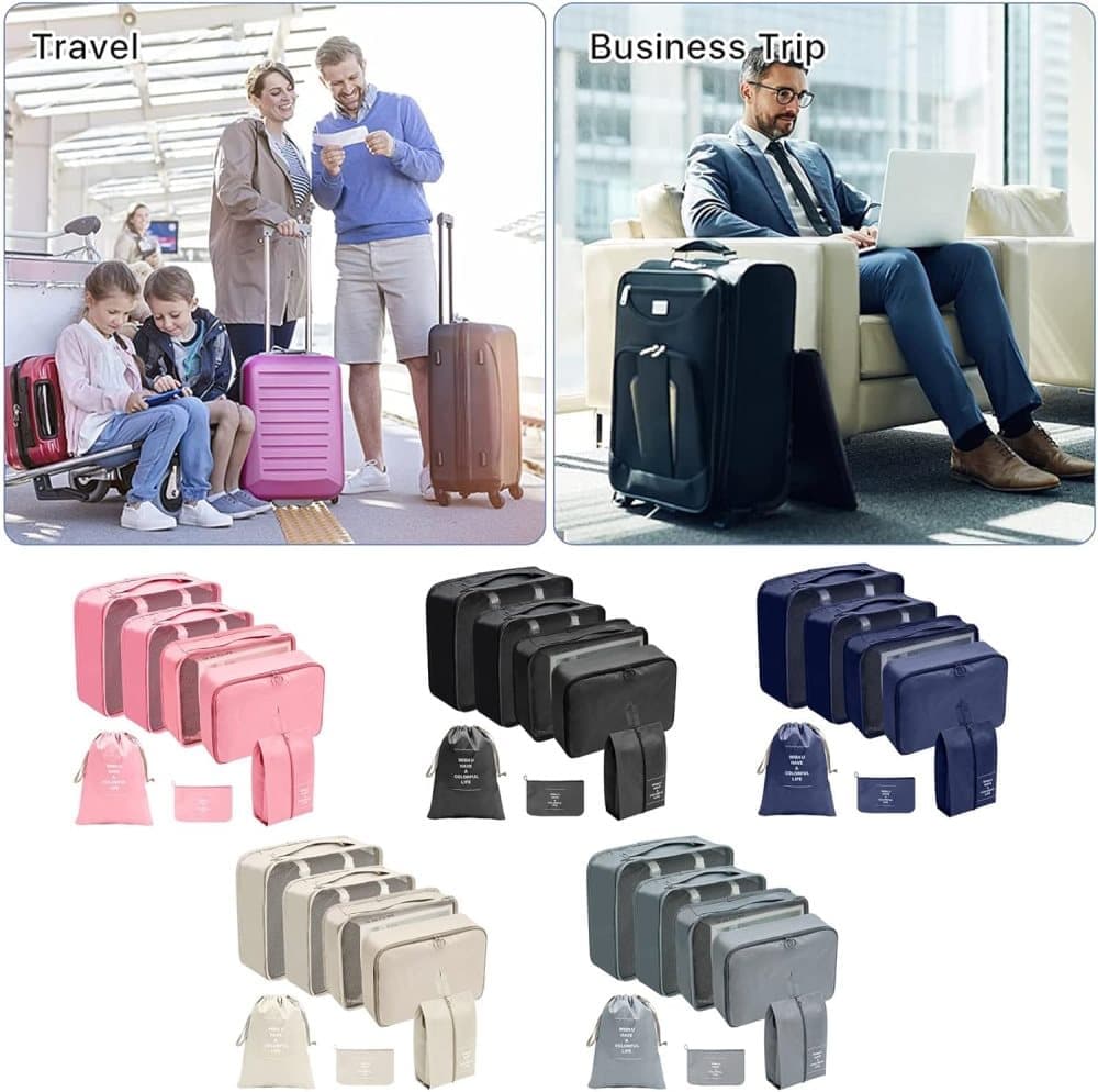7-Piece Black Suitcase Organizer for Travel Bags