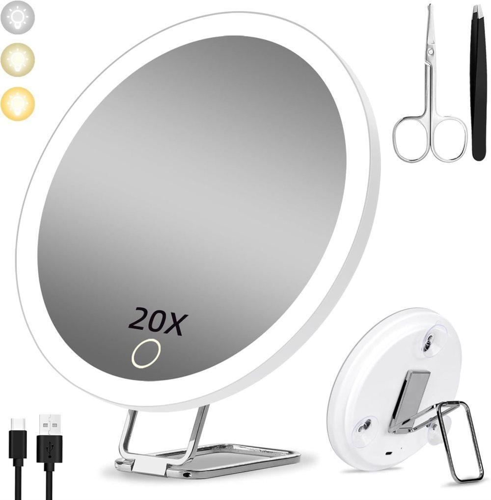 20X LED Makeup Mirror with Lighting, 360° Rotatable Dimmable 3 Light Modes Magnification Suction Cup, White